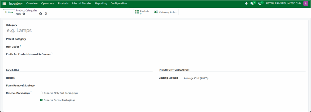 Odoo Inventory Product Category Creation