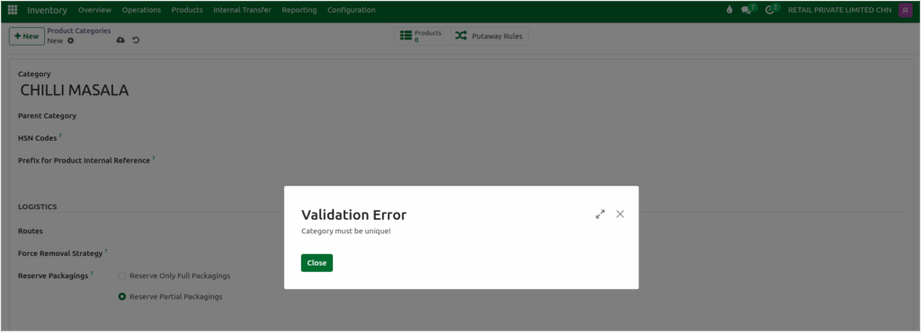 Odoo Inventory Product Category Screen Unique Validation