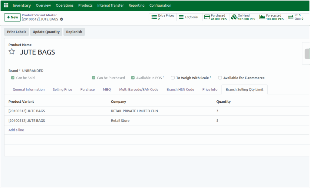Odoo Inventory Product Variant Master Branch Selling Qty Limit Multiple Branches