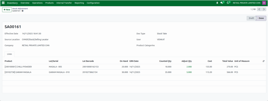 Odoo Inventory Stock Adjustment Validated