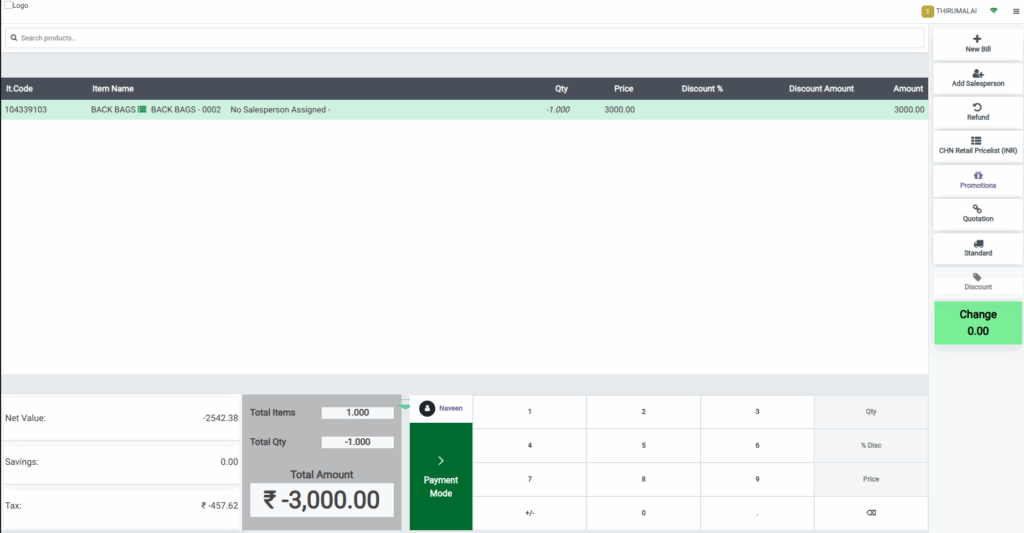 Odoo POS Cart Refund Product