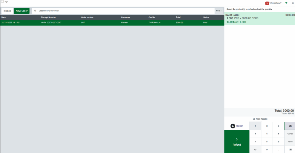 Odoo POS Orders Screen Refund