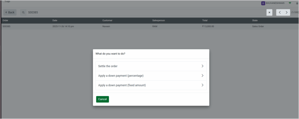 Odoo POS Quotation Screen Down Payment Options