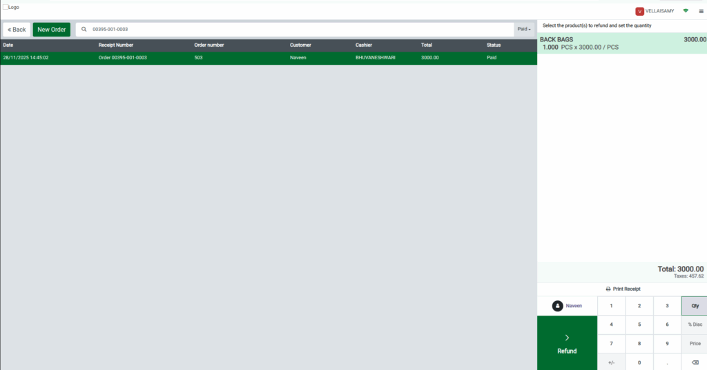 Odoo POS Refund Screen Print Receipt