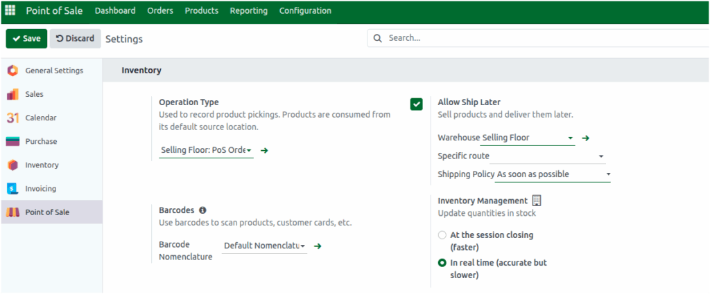 Odoo POS Settings Allow Ship later 