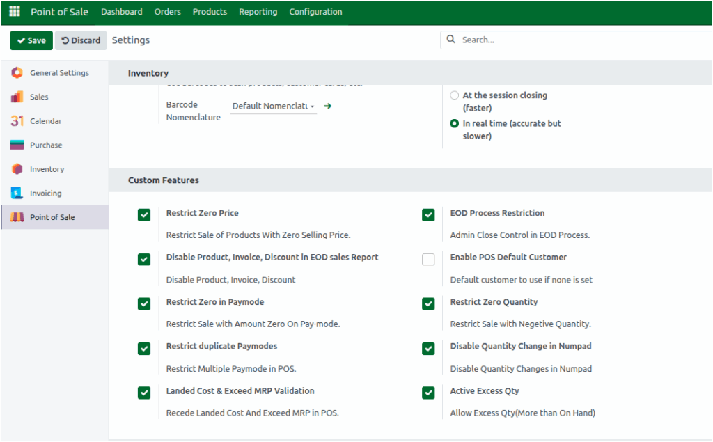 Odoo POS Settings Custom Features 