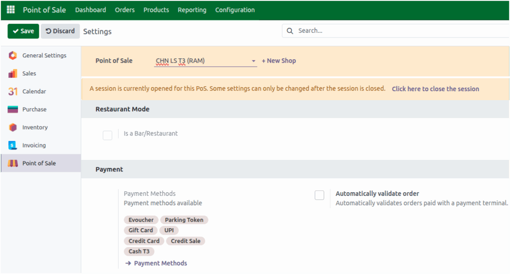 Odoo POS Settings Payment Methods