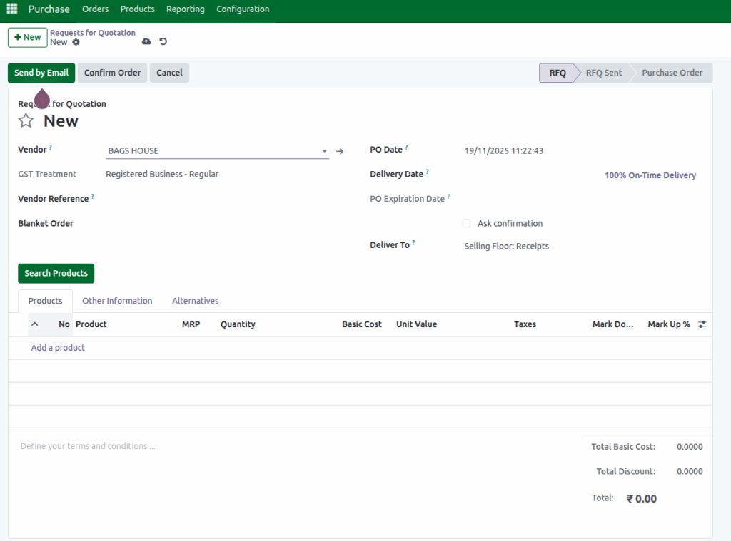 Odoo Purchase Creation 