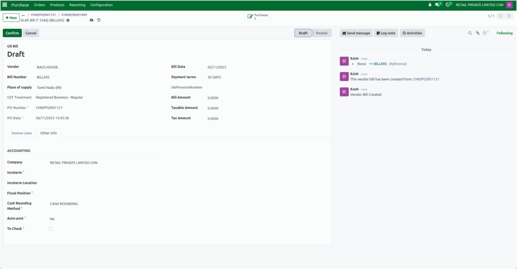 Odoo Purchase GR Bill Cash Rounding Method