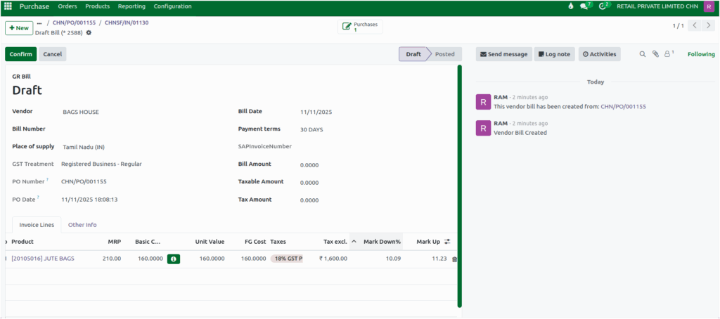 Odoo Purchase GR Bill Completed