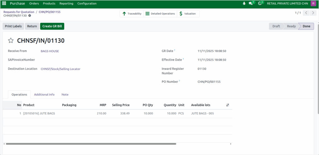 Odoo Purchase GR Bill Creation