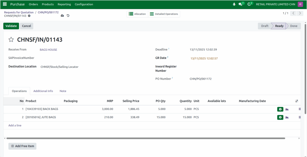 Odoo Purchase GR Creation