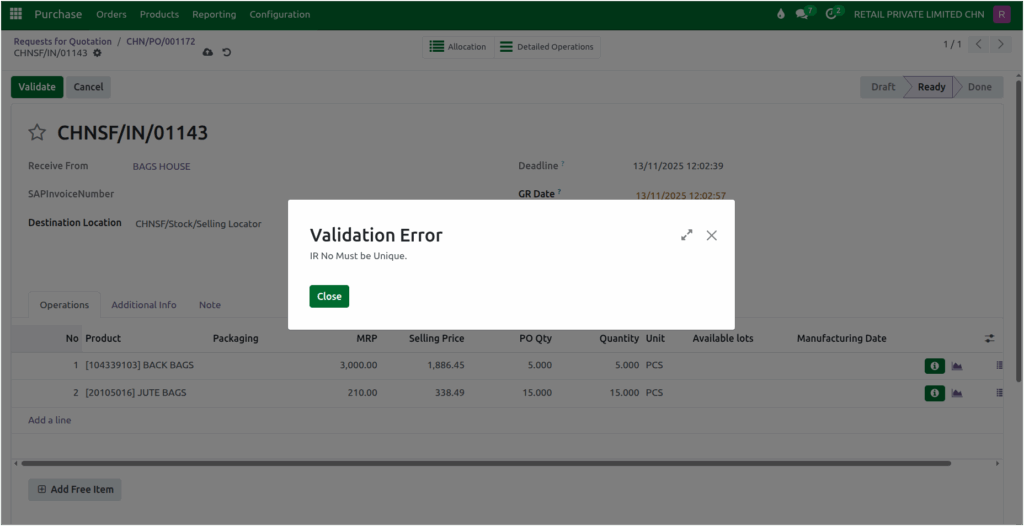 Odoo Purchase GR IRN Validation