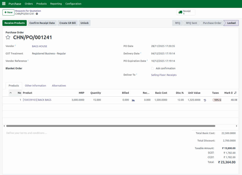 Odoo Purchase Locked Status 
