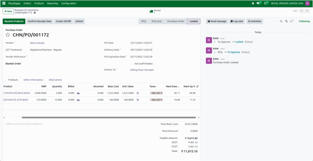 Odoo Purchase Order Confirmed