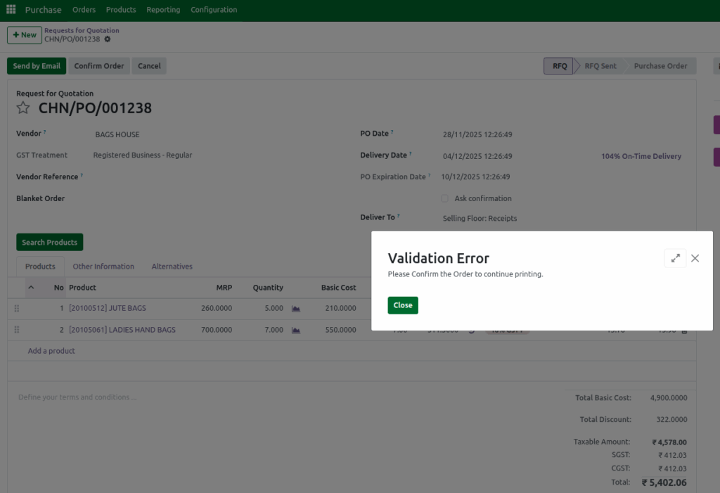Odoo Purchase Print Validation