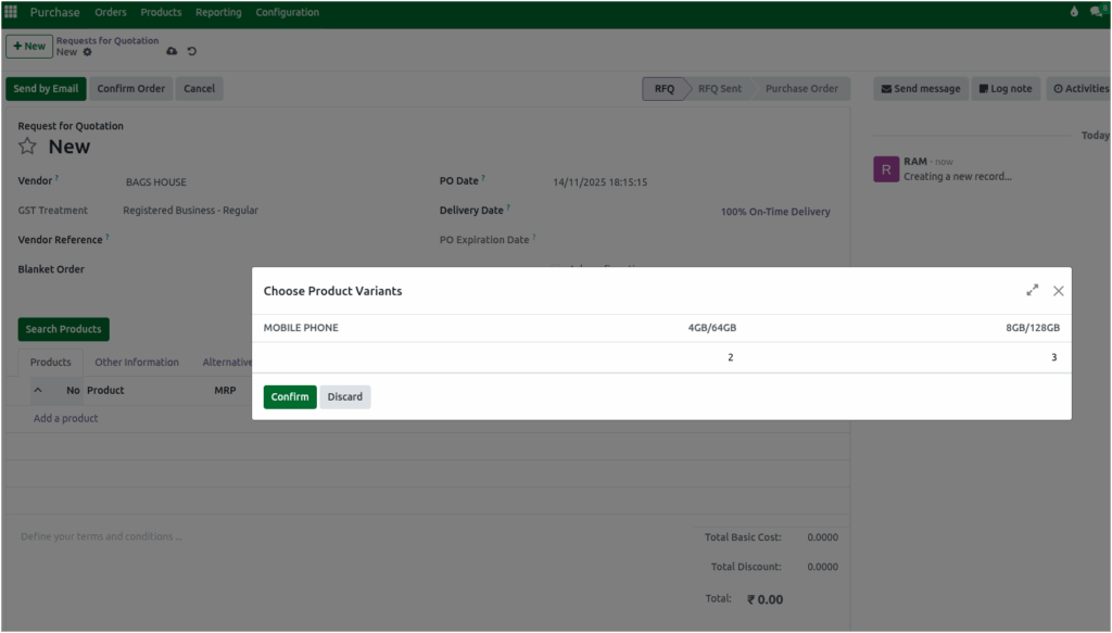 Odoo Purchase Products Product Variants