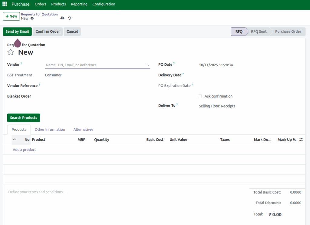 Odoo Purchase RFQ Creation 