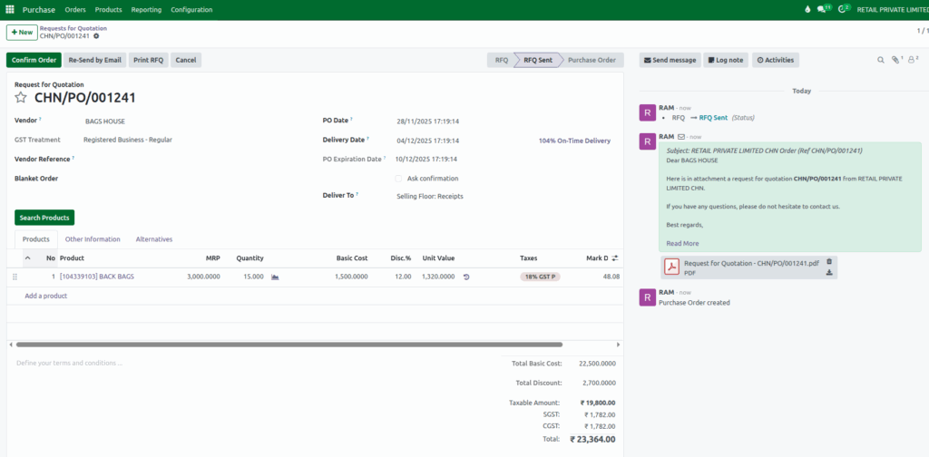 Odoo Purchase RFQ Sent Status 