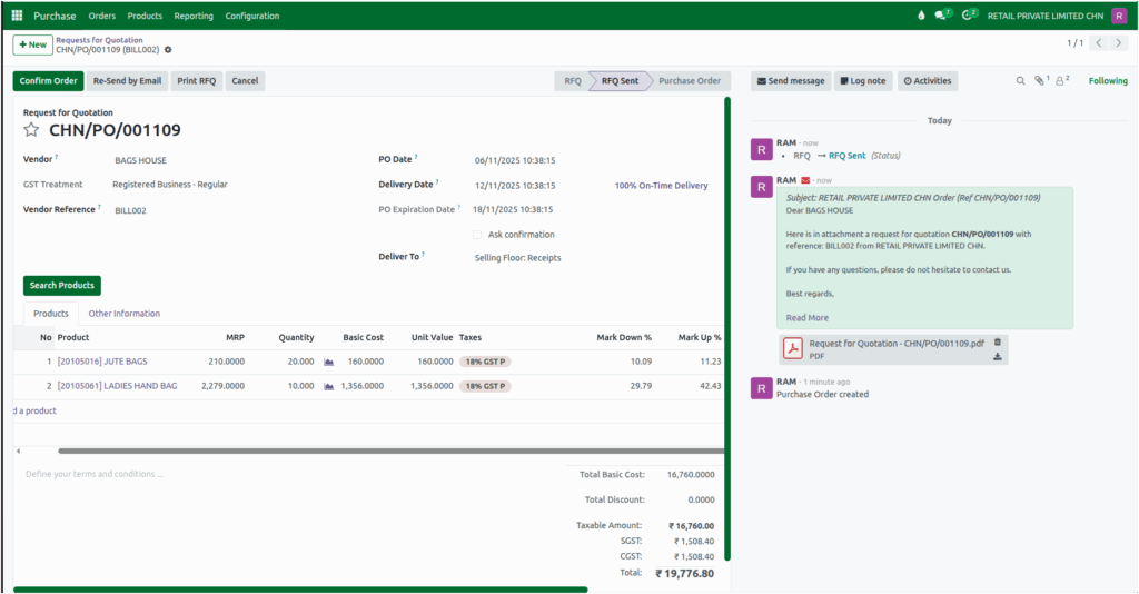 Odoo Purchase RFQ Status 