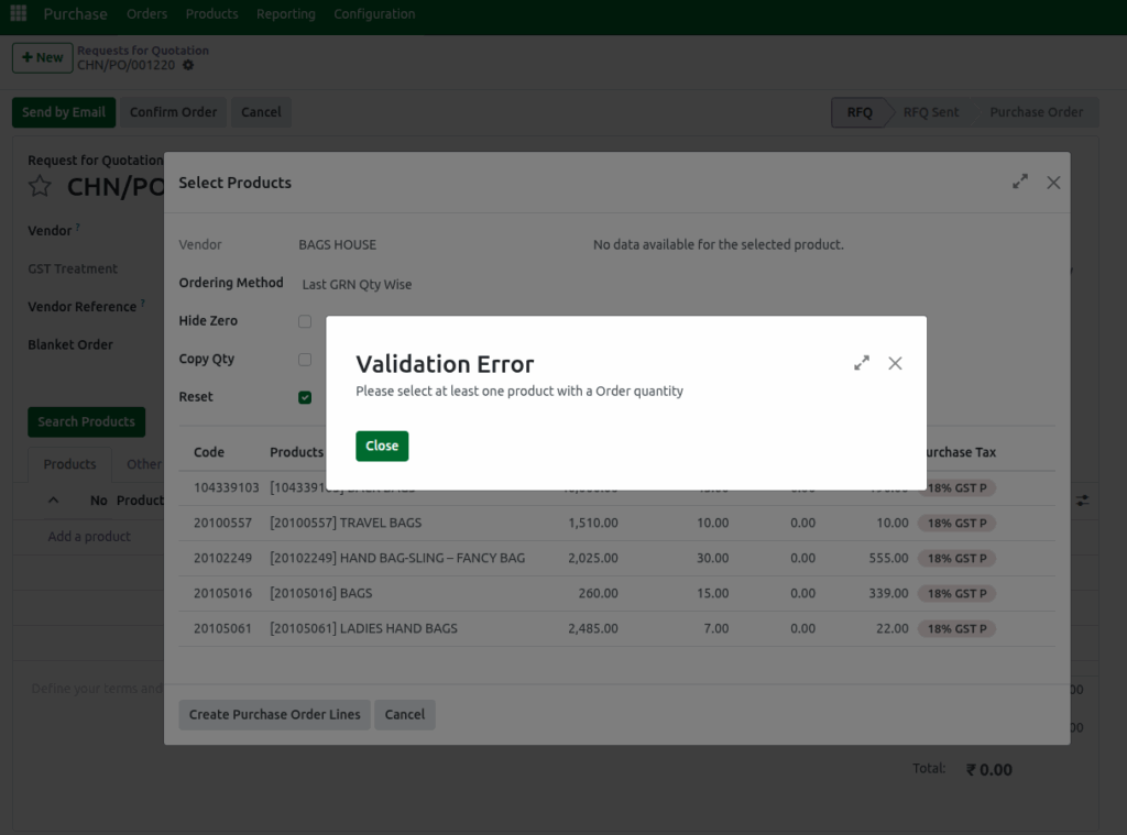 Odoo Purchase Search Products Order Qty Validation 