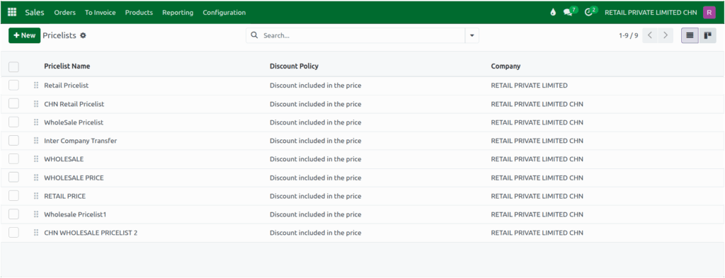 Odoo Sales Pricelists Screen 