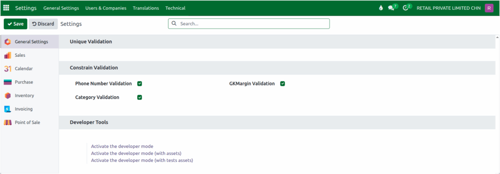 Odoo Settings Category Validation