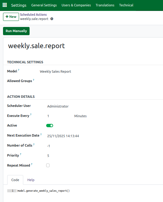 Odoo Settings Scheduled Actions Weekly Sales Report 