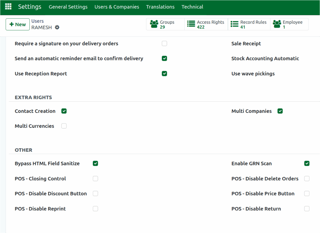 Odoo Settings User Enable GRN Scan 