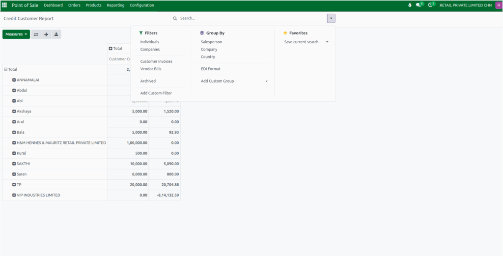 Odoo Credit Customer Report Filters