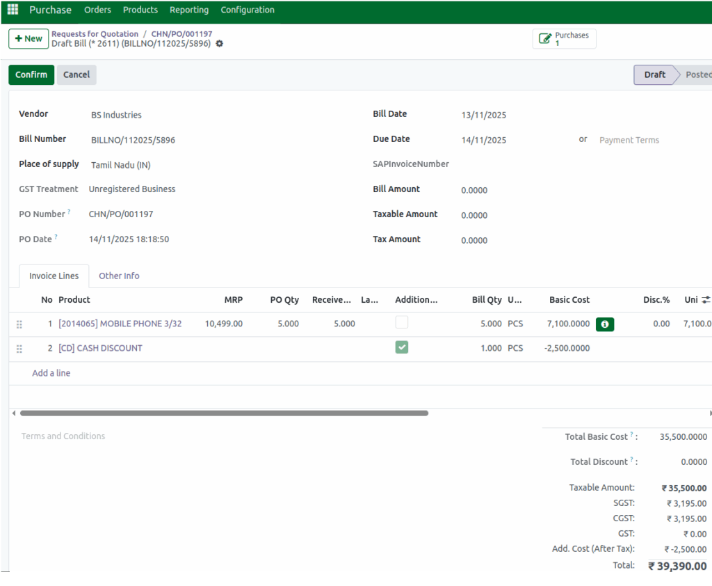 Odoo GR Bill Cash Discount