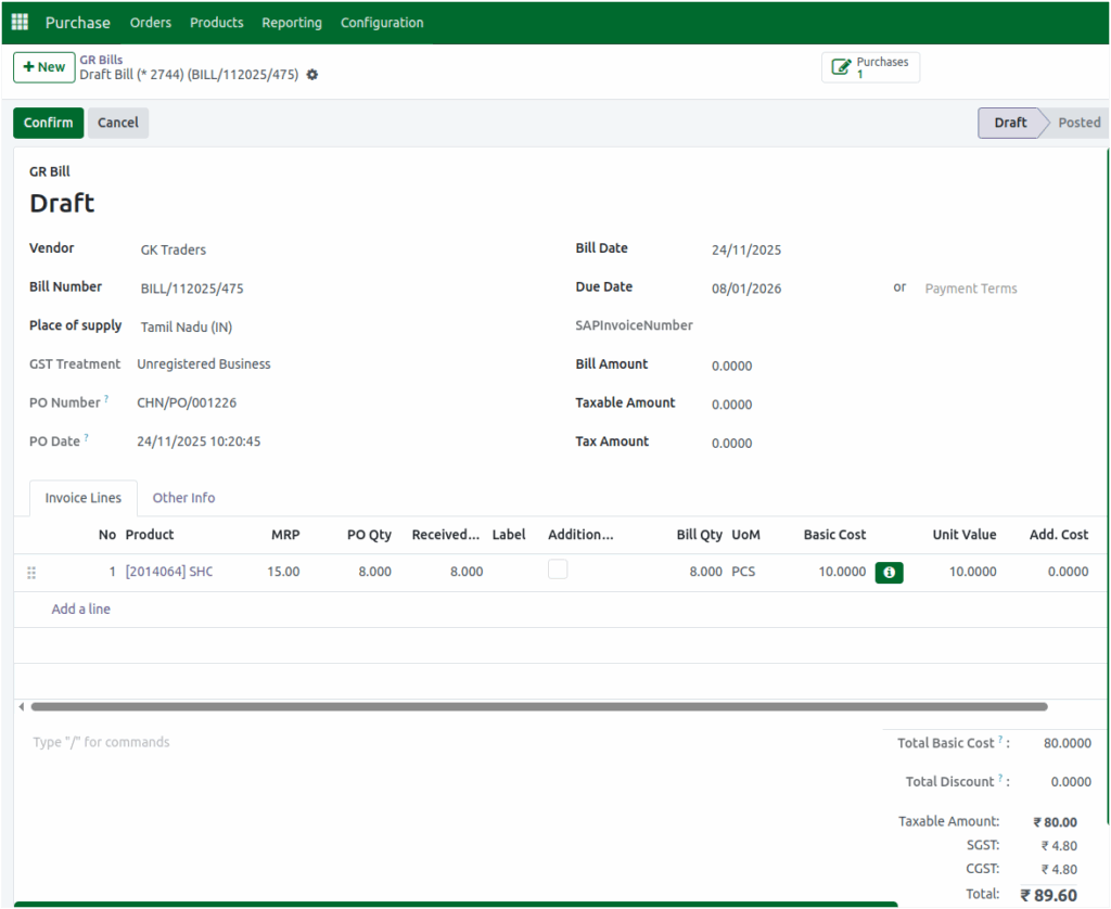 Odoo GR Bill Draft Status