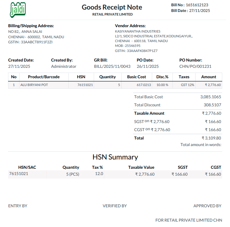 Odoo GR Bill Invoices Details
