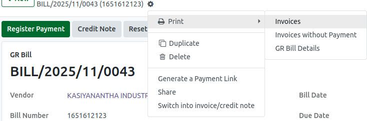 Odoo GR Bill Invoices