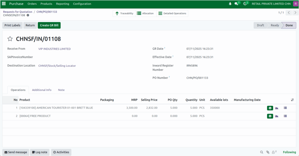Odoo GR Done Status Free Item