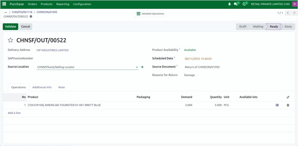 Odoo GR Return Screen