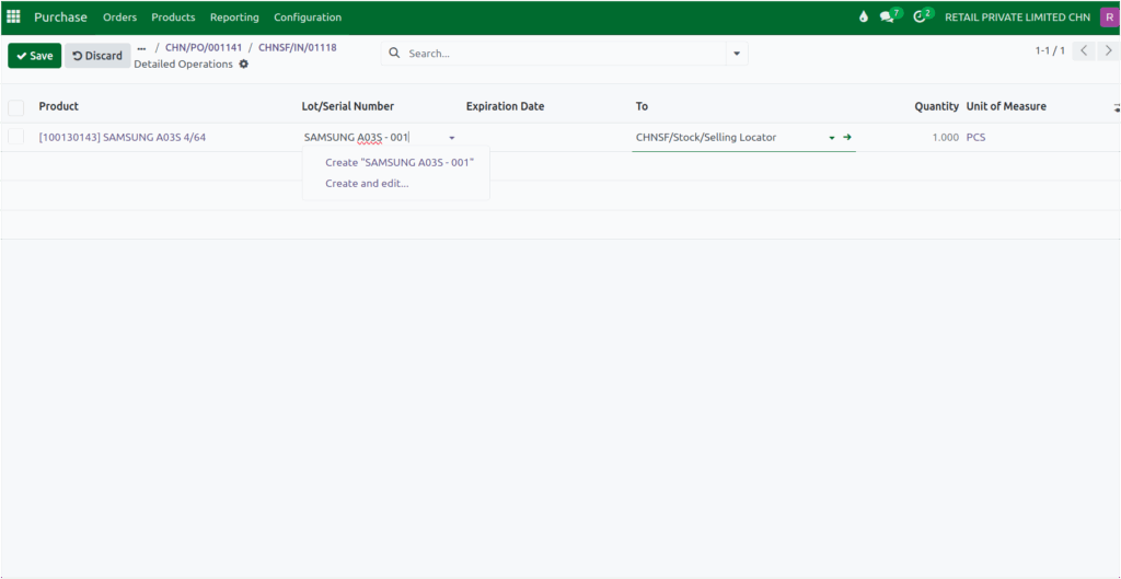 Odoo GR Serial No Detailed Operation