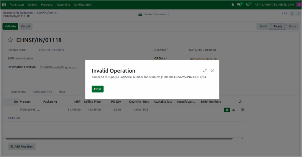 Odoo GR Serial No Lot Mandatory Validation