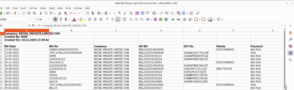Odoo GR bill report export