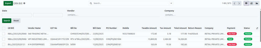Odoo GR bill report list