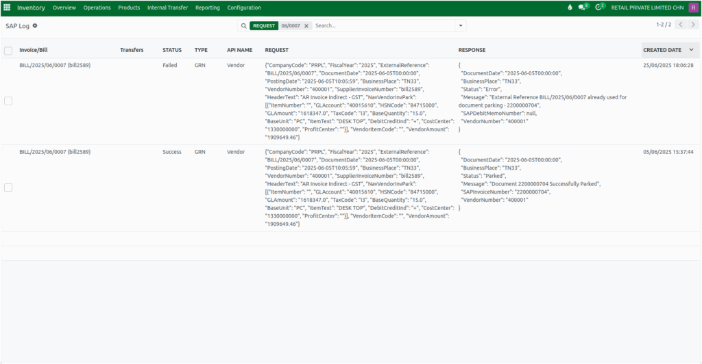 Odoo Integration SAP Log