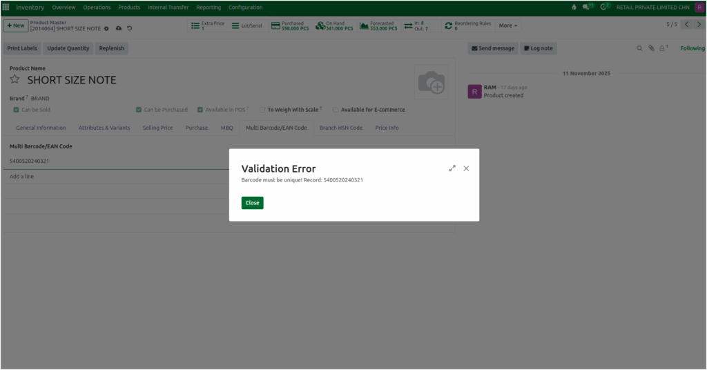 Odoo Inventory Barcode/EAN Code Validation