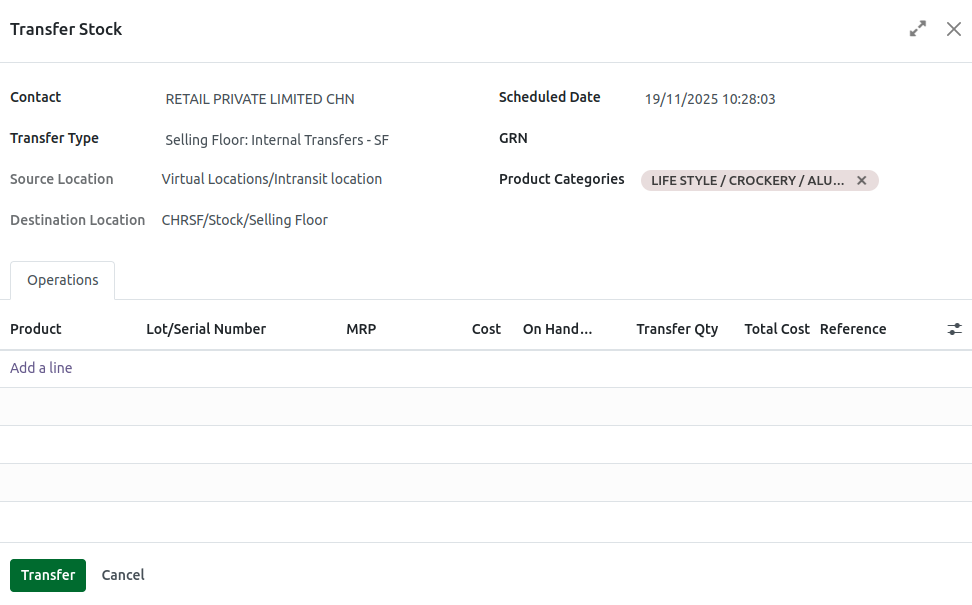Odoo Inventory Internal Stock Transfer Mandatory field