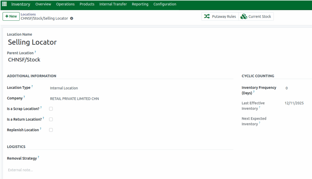 Odoo Inventory Location Screen