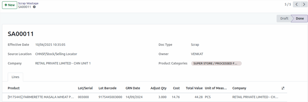 Odoo Inventory Operations Lot products Scrap wastage Validations