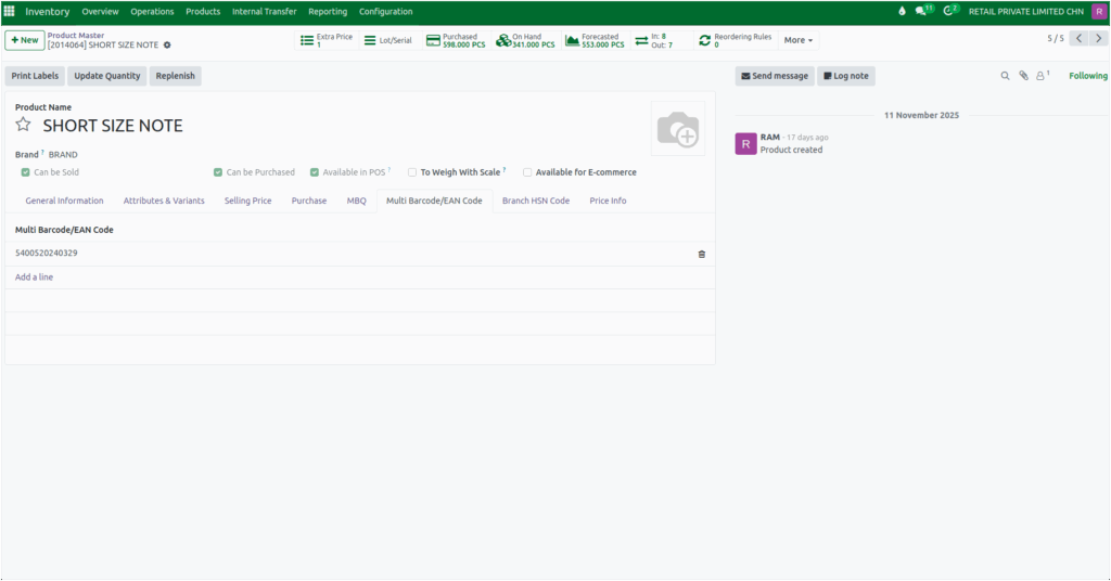 Odoo Inventory Multi Barcode/EAN Code Validation