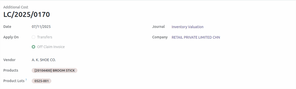 Odoo Inventory Off-Claim Invoice Product Lot