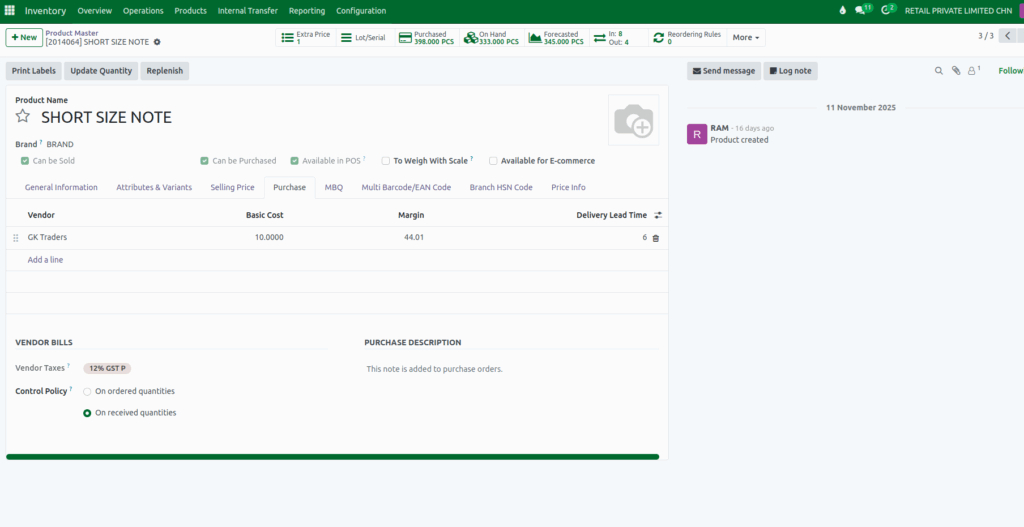 Odoo Inventory Purchase Tab Vendor Mapped