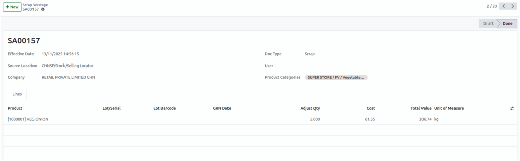 Odoo Inventory Scrap Wastage Validation