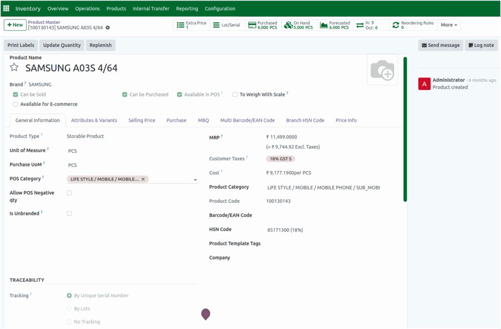 Odoo Inventory Serial Number Product